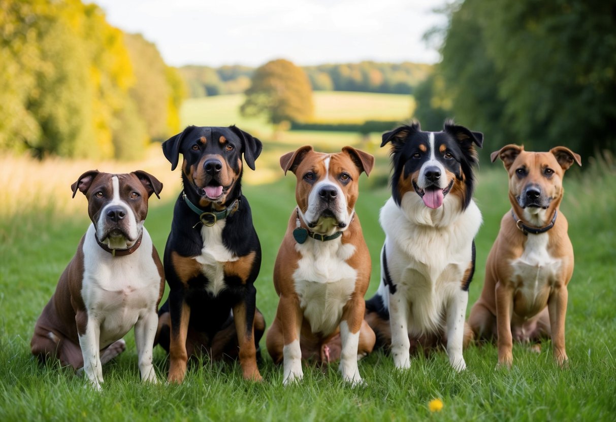 A pack of rare dog breeds gathered in a lush English countryside, showcasing their unique features and distinct personalities
