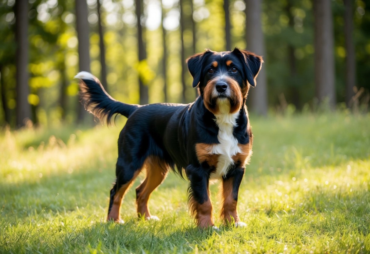 A serene forest clearing with a single, majestic black and tan Lancashire Heeler standing proudly, its unique coat glistening in the sunlight