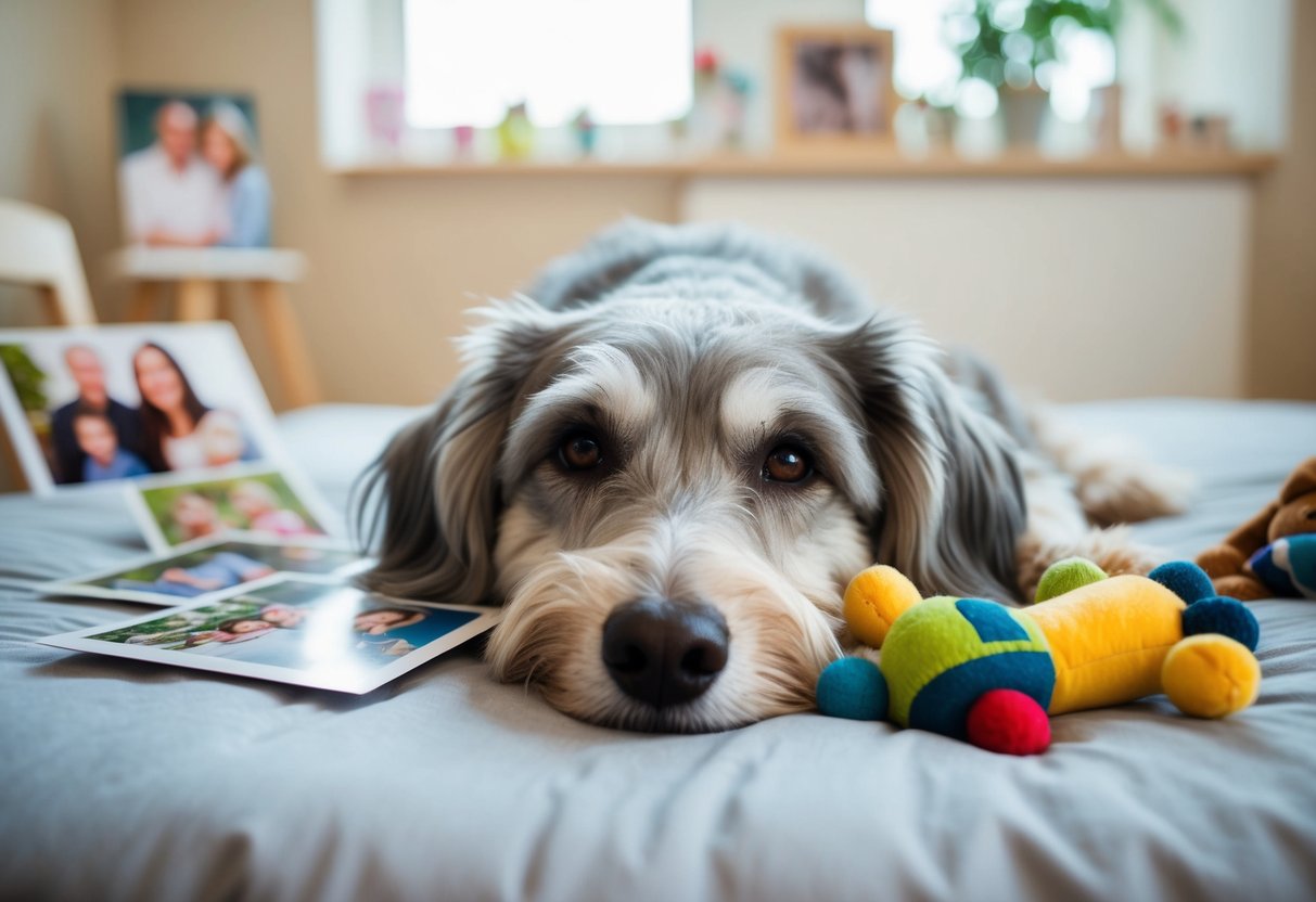 A gray-haired dog lying peacefully on a soft bed surrounded by family photos and toys, with a gentle smile on its face