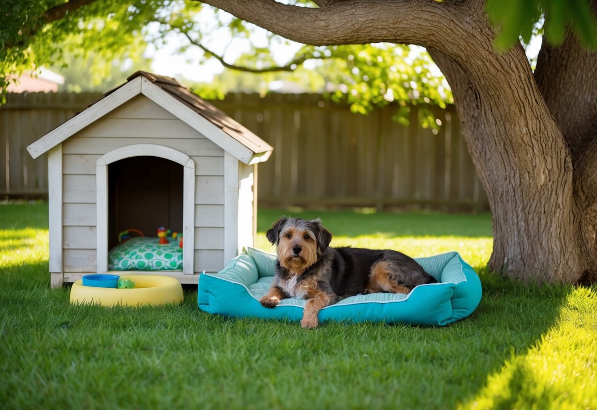 A serene, sun-drenched backyard with a weathered doghouse and a well-worn dog bed nestled under a shady tree. A grizzled old dog lies peacefully in the bed, surrounded by toys and a water bowl