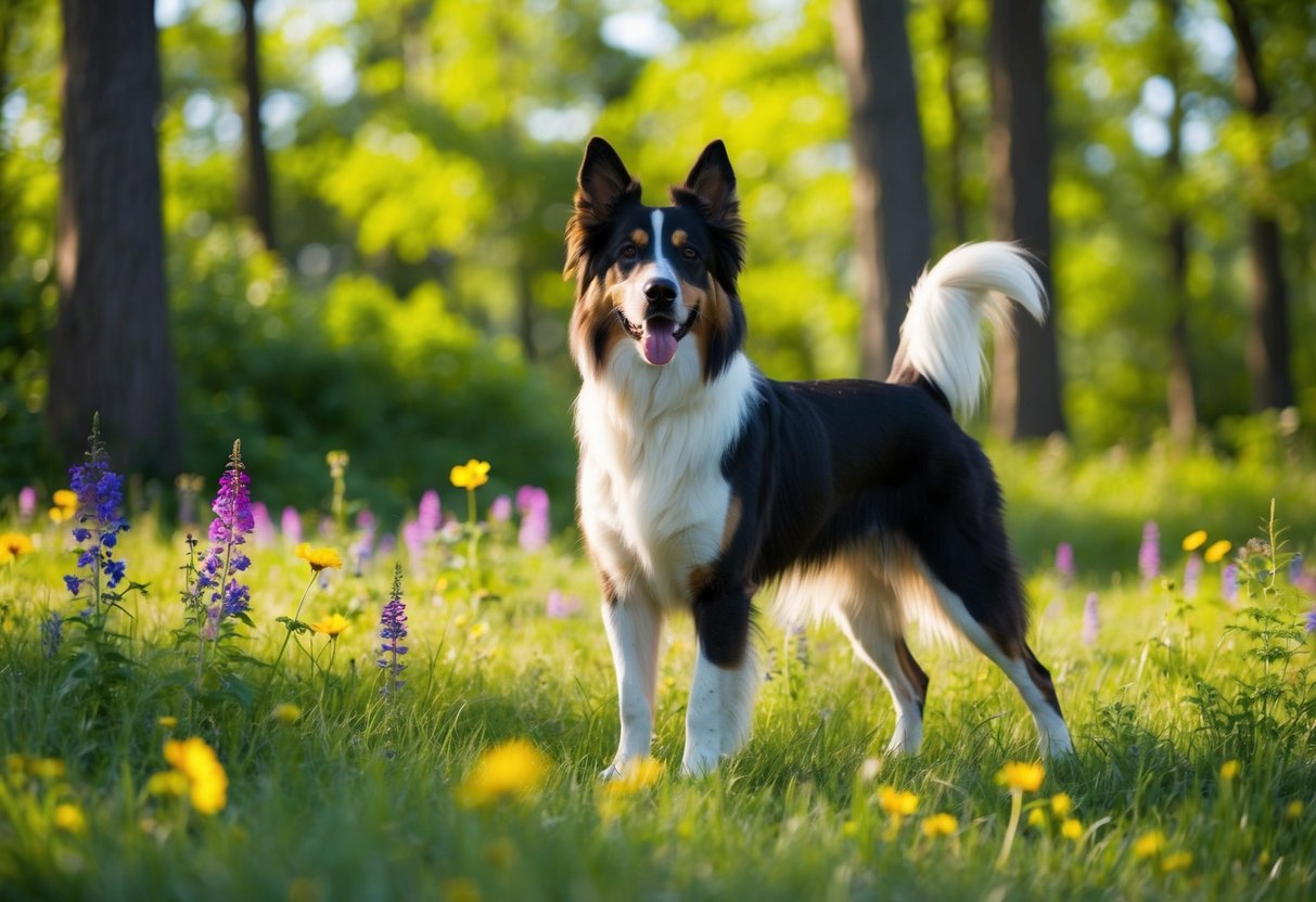 A serene forest clearing with a majestic, rare dog breed standing proudly in the dappled sunlight, surrounded by vibrant wildflowers