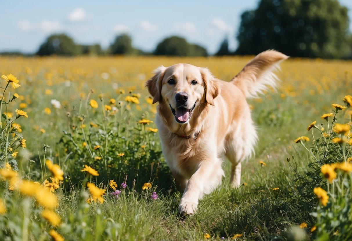 A golden retriever frolicking in a field of wildflowers under a clear blue sky