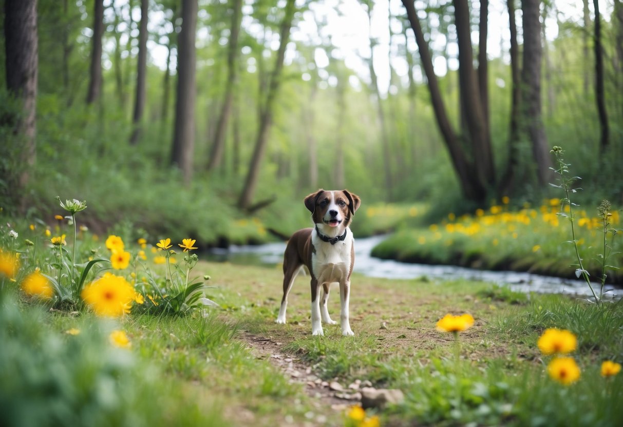 A serene forest clearing with a lone girl dog standing proudly, surrounded by vibrant wildflowers and a gentle stream