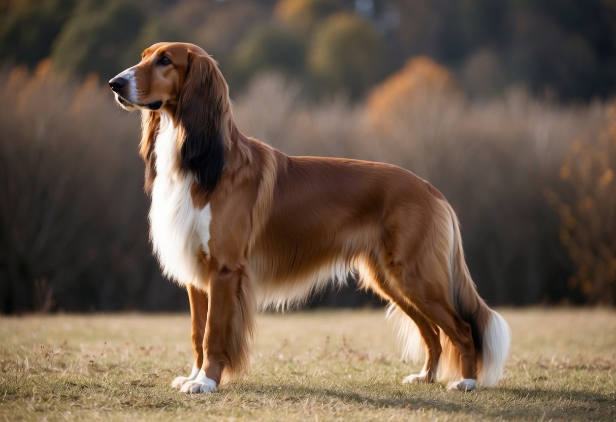 A majestic Afghan Hound stands proudly, with its long, flowing coat and elegant posture, exuding an air of regal beauty