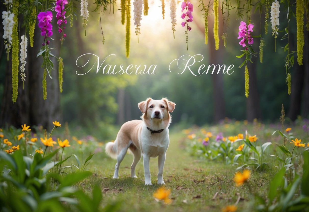 A serene forest glade with a lone female dog standing under a canopy of rare and exotic flowers, her name floating above her in a delicate, ethereal font