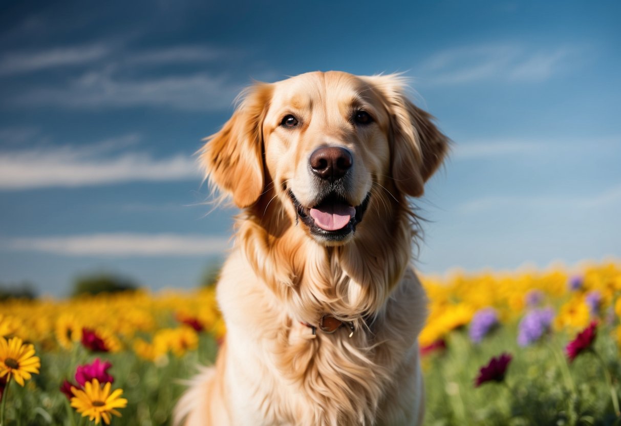 A golden retriever with flowing fur and a friendly expression, standing in a field of colorful flowers under a clear blue sky