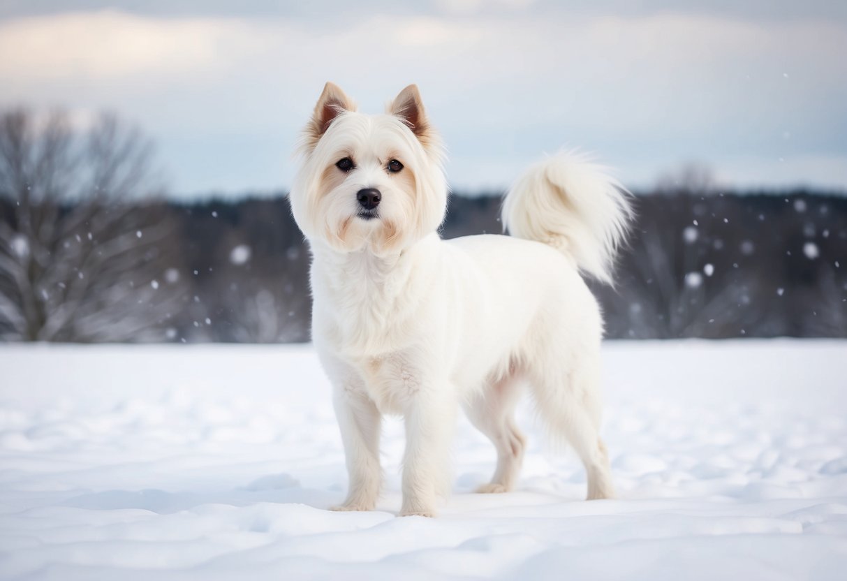 A rare white Akbash dog stands confidently in a serene, snow-covered landscape, exuding a calm and noble temperament