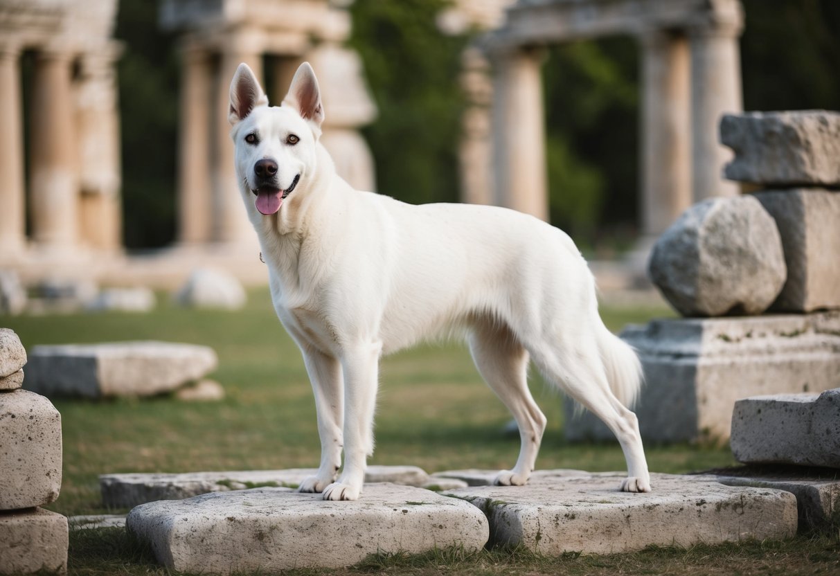 A majestic white Turkish Kangal dog stands proudly among ancient ruins, symbolizing the rare and revered cultural significance of this breed