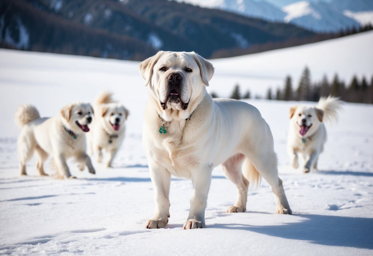 A snowy landscape with a lone, majestic white Tibetan Mastiff standing proudly in the foreground, surrounded by other rare white dog breeds playing in the background