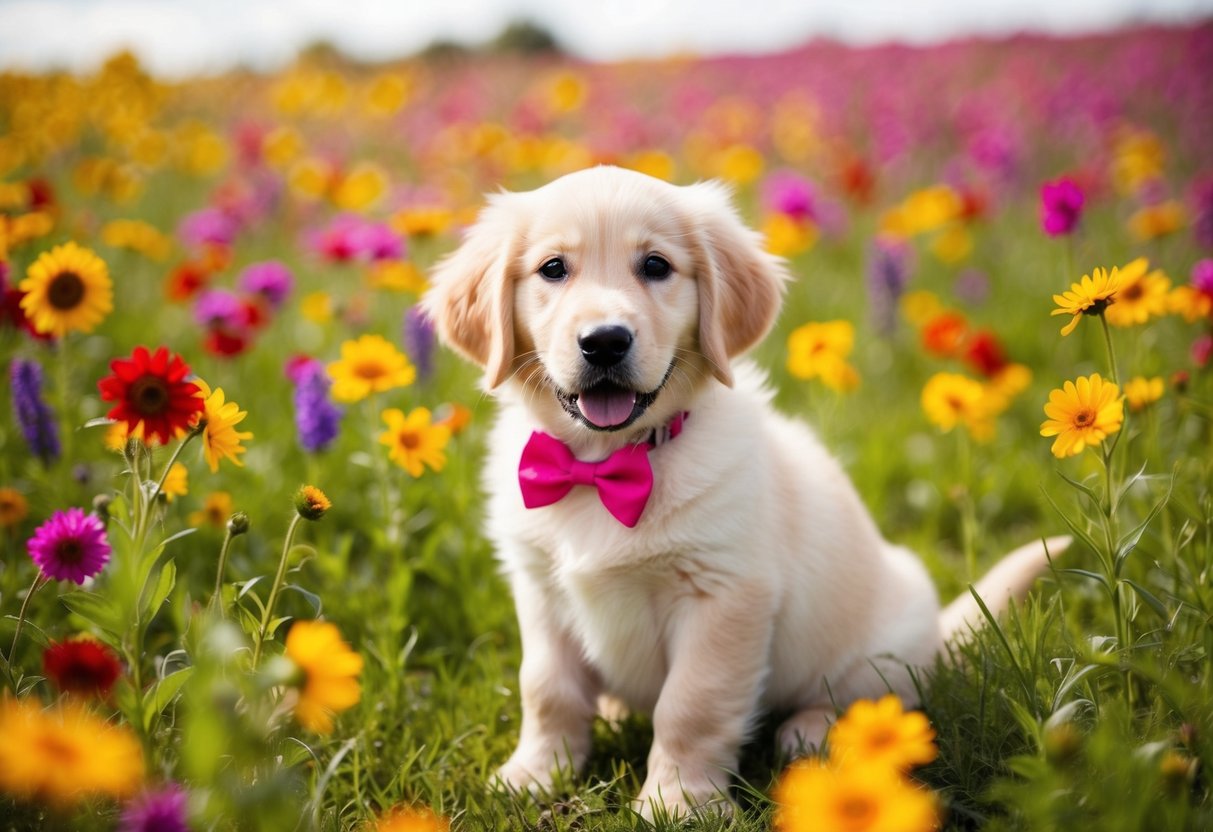 A golden retriever puppy with a pink bow in her fur, sitting in a field of colorful wildflowers