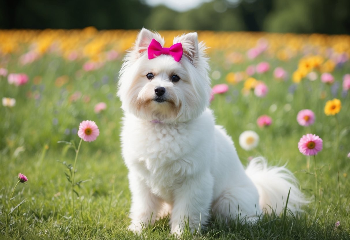 A fluffy white dog with a pink bow in her fur, sitting in a field of flowers