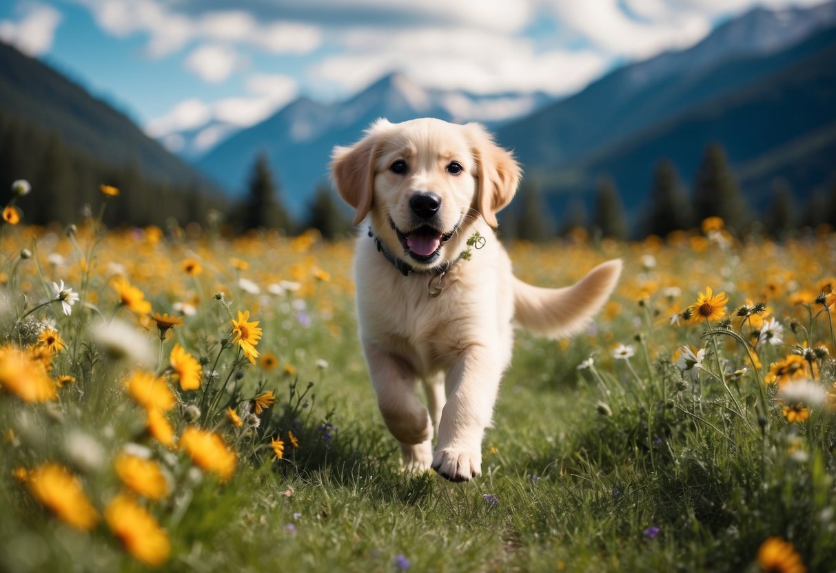 A golden retriever puppy running through a field of wildflowers with mountains in the background