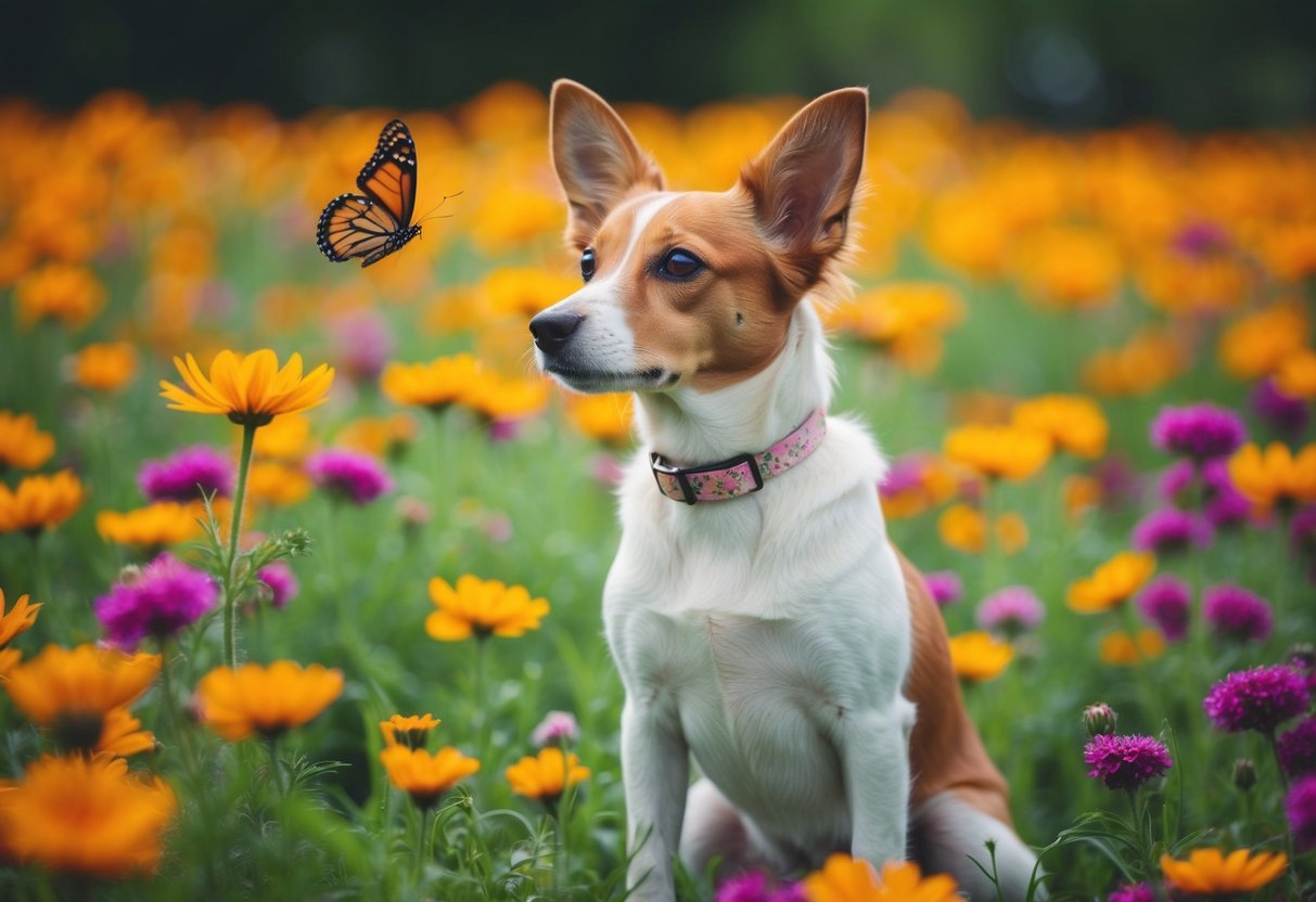 A girl dog with a dainty collar sits in a field of vibrant flowers, her ears perked up as she gazes at a butterfly fluttering nearby