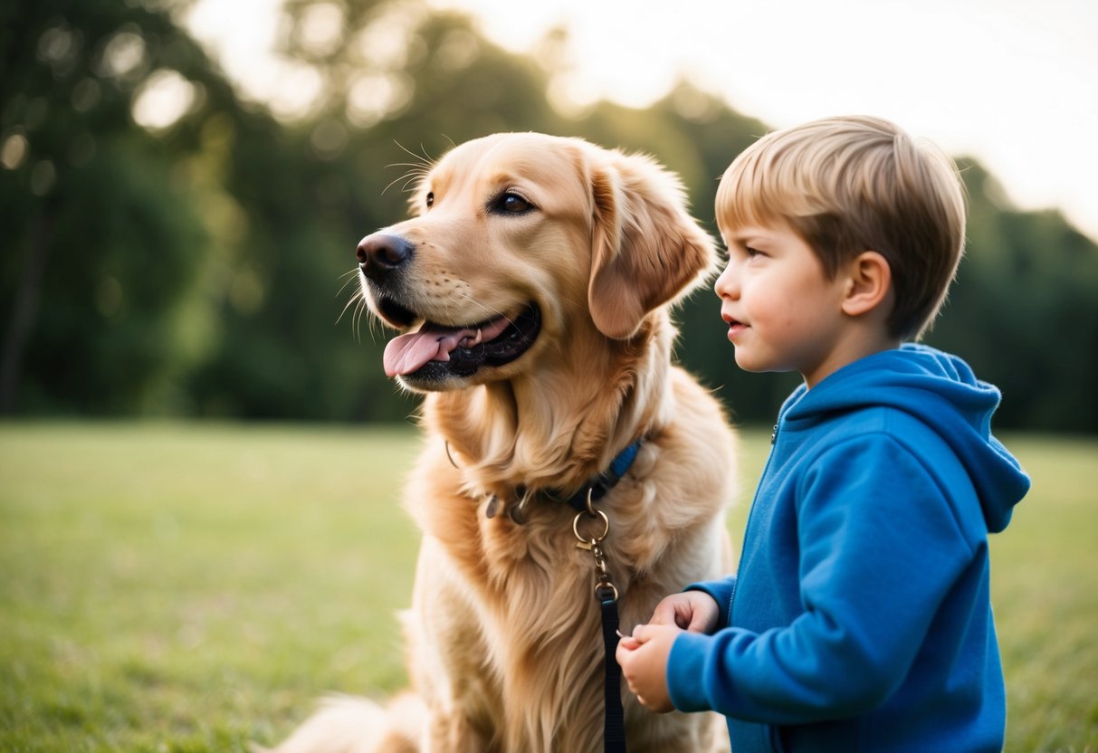 A golden retriever stands protectively beside a child, wagging its tail and looking alert