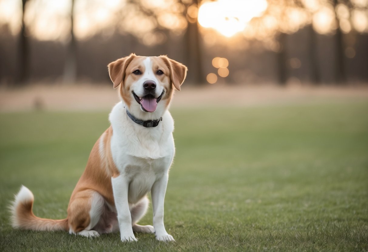 A calm, friendly dog sits beside a wagging tail and relaxed body language, showing a gentle temperament