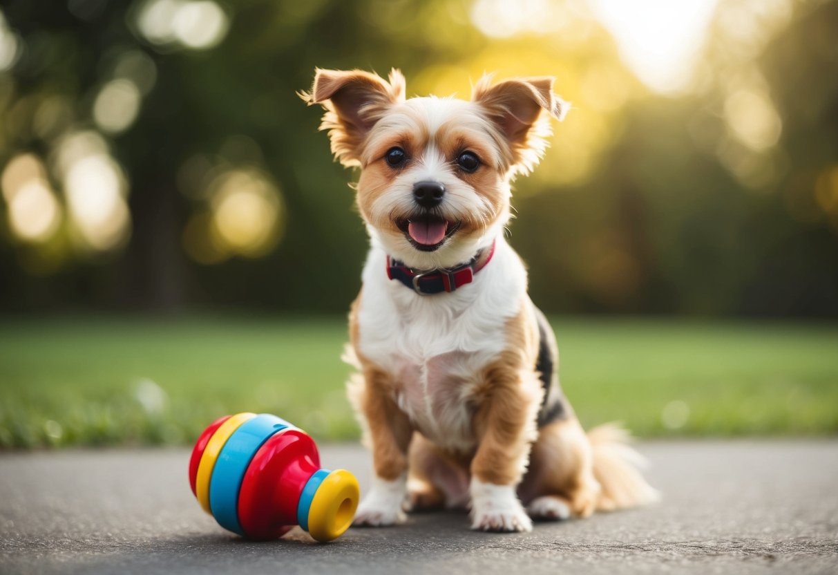 A small, friendly dog wagging its tail and sitting calmly next to a child's toy