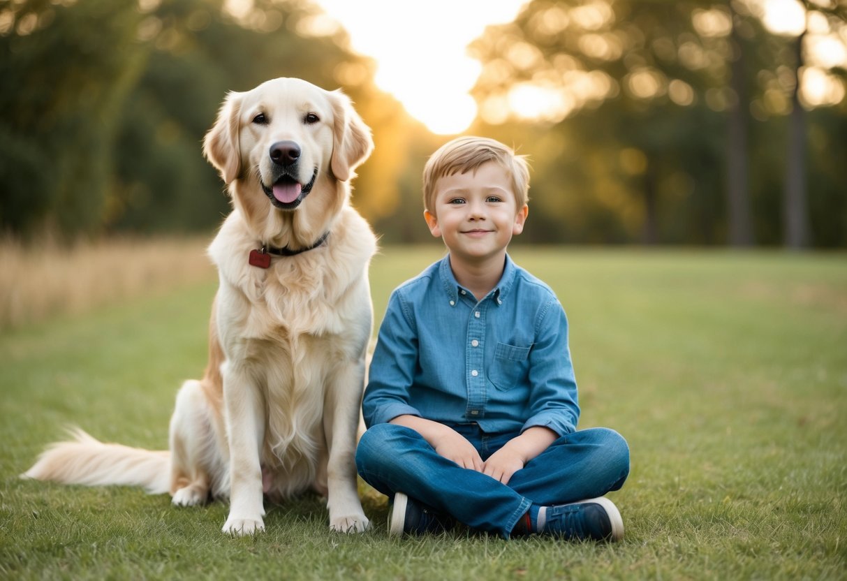 A golden retriever sitting calmly next to a child, both looking content and relaxed