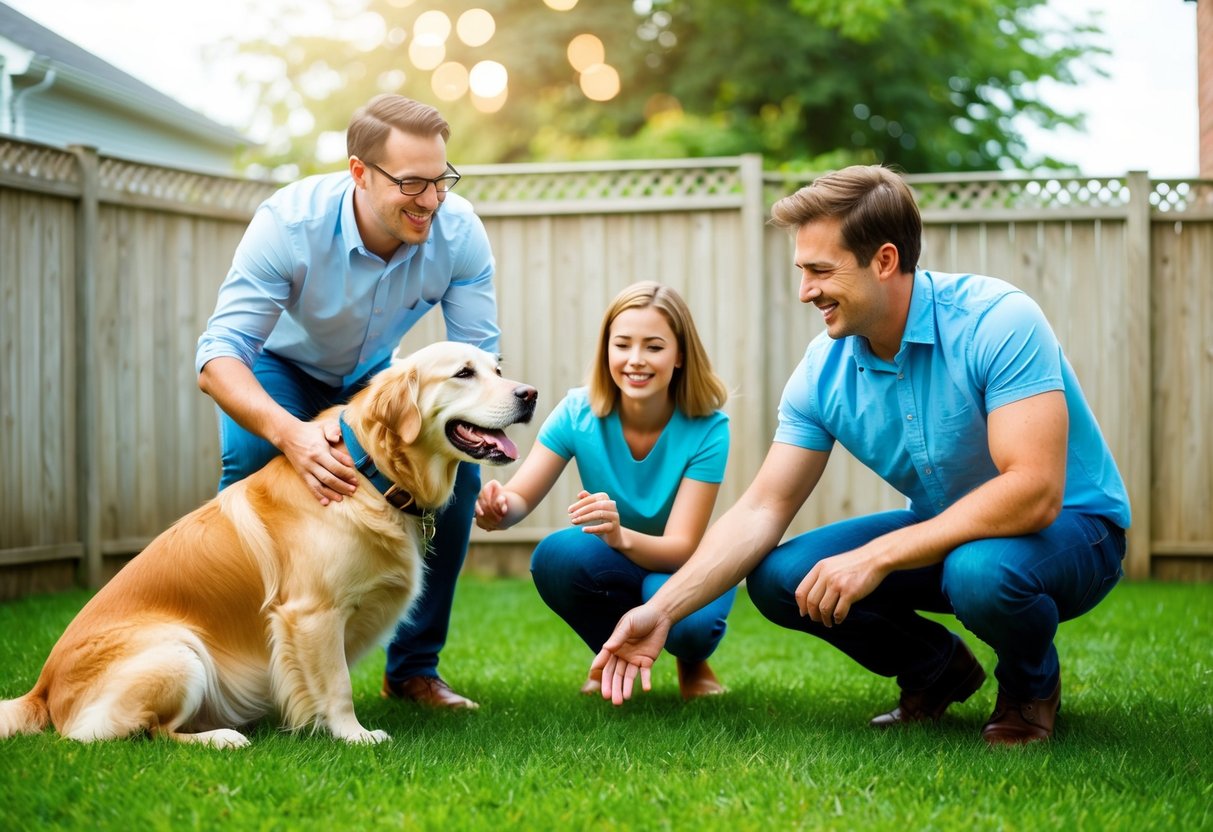 A happy family playing with a friendly and gentle golden retriever in a fenced backyard
