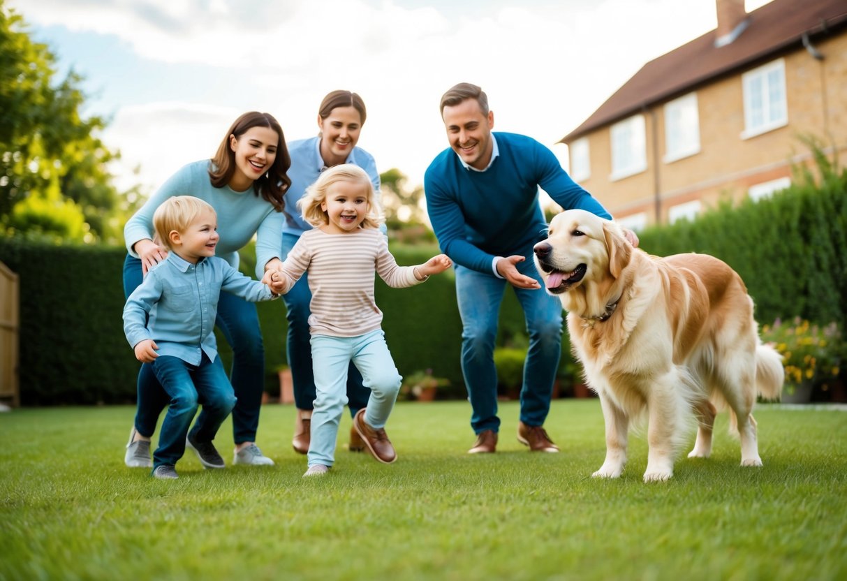 A happy family playing with a friendly and gentle Golden Retriever in a spacious backyard