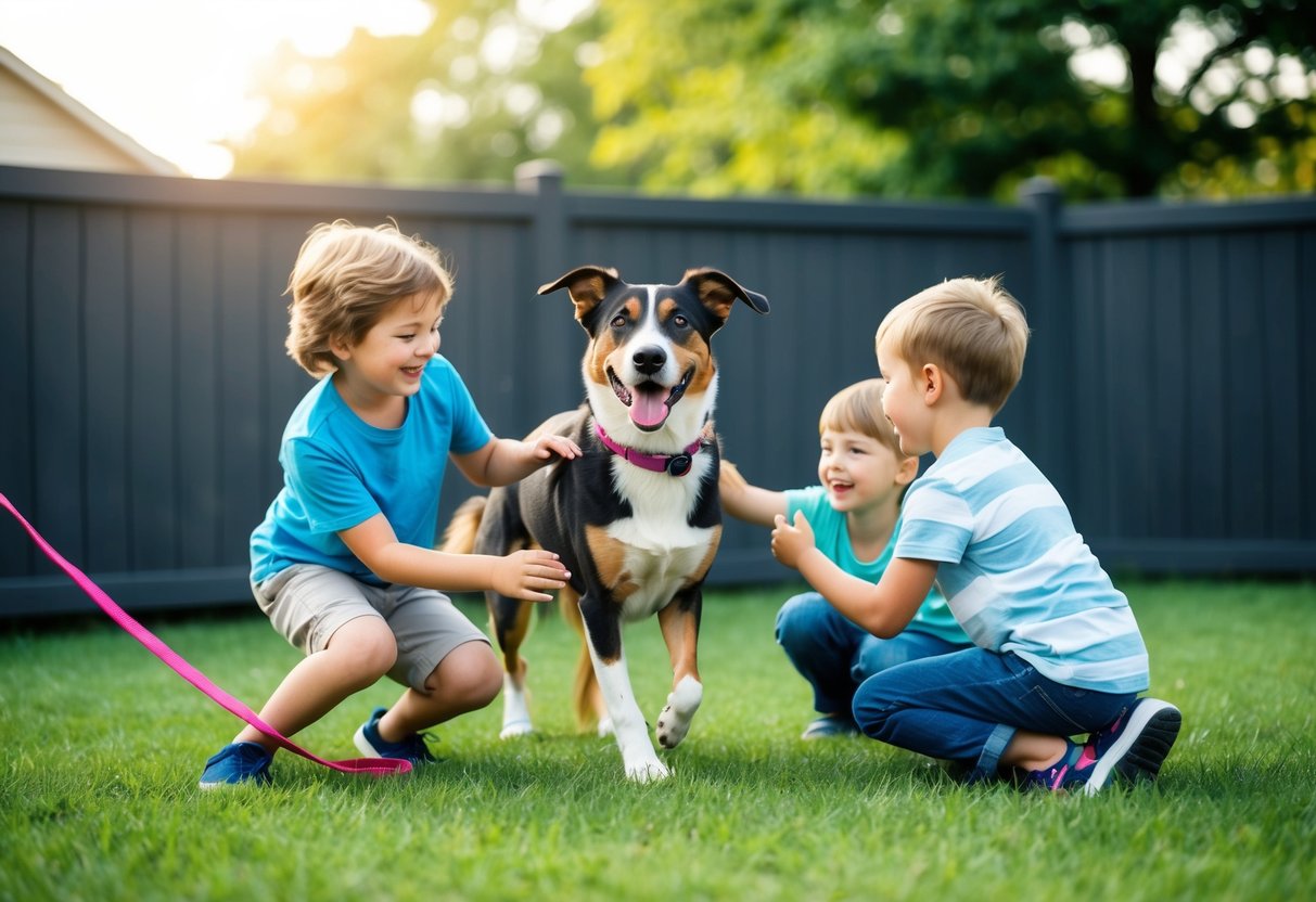A family-friendly dog breed playing happily with children in a fenced backyard, with a leash and collar nearby for walks