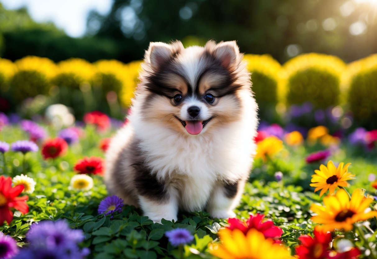 A fluffy, tiny Pomeranian puppy with a unique coat pattern sits on a bed of colorful flowers in a sun-drenched garden