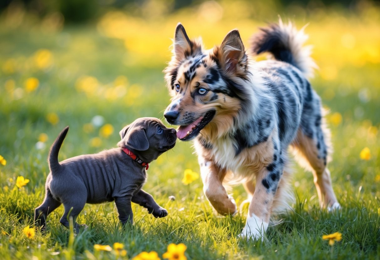 A fluffy, blue-eyed, merle-coated Catahoula Leopard Dog playing with a tiny, wrinkled Xoloitzcuintli puppy in a sun-dappled meadow