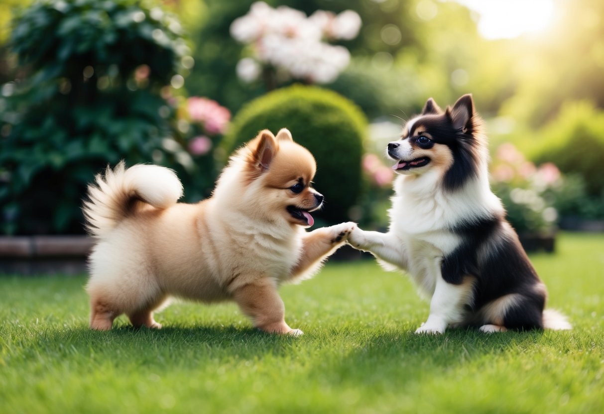 A fluffy Pomeranian puppy playing with a graceful Japanese Chin in a serene garden