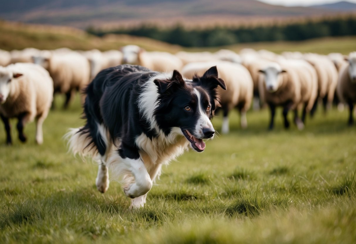 A border collie herding sheep in the Scottish Highlands