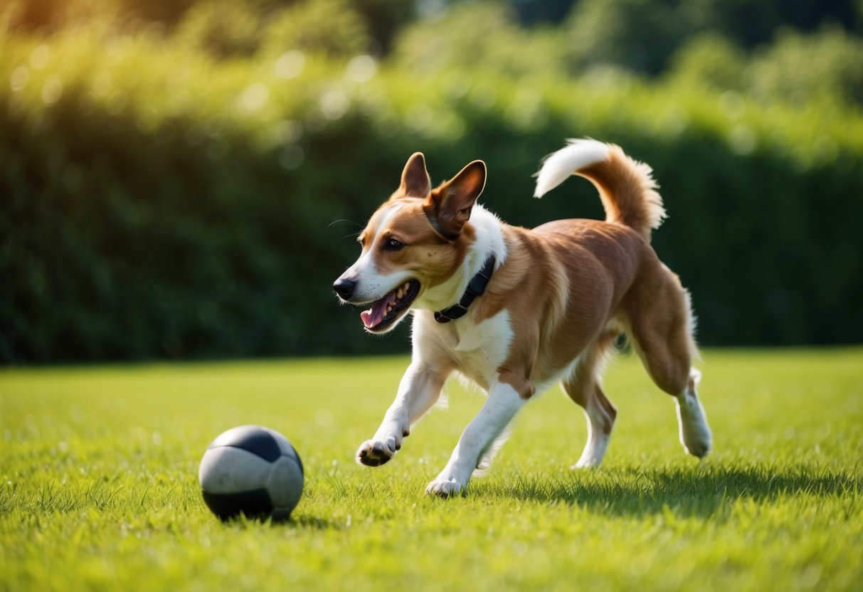 A playful dog chasing a ball in a lush green field