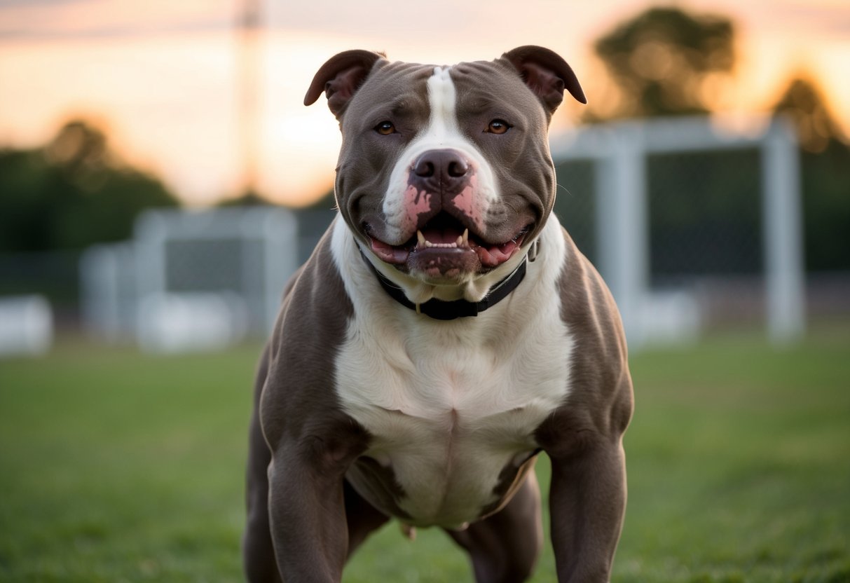 A powerful pit bull stands confidently, muscles rippling, with a fierce gaze and a strong, sturdy build