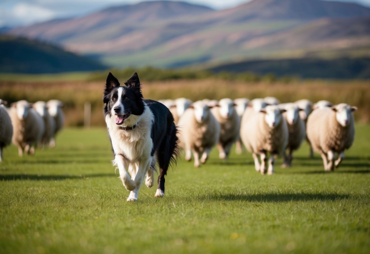 A border collie herding sheep in the Scottish Highlands