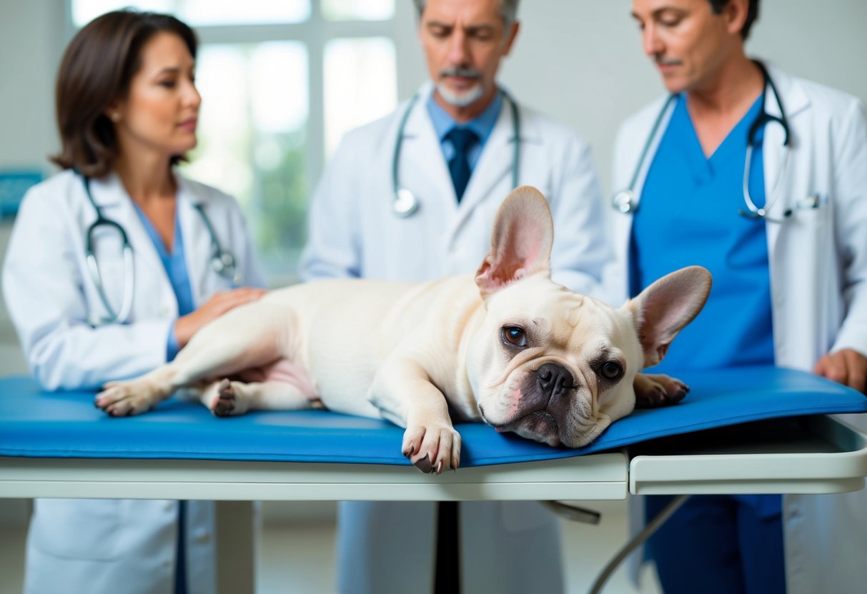 A sickly, lethargic French Bulldog lying on a vet's examination table, with concerned owner and veterinarian in the background
