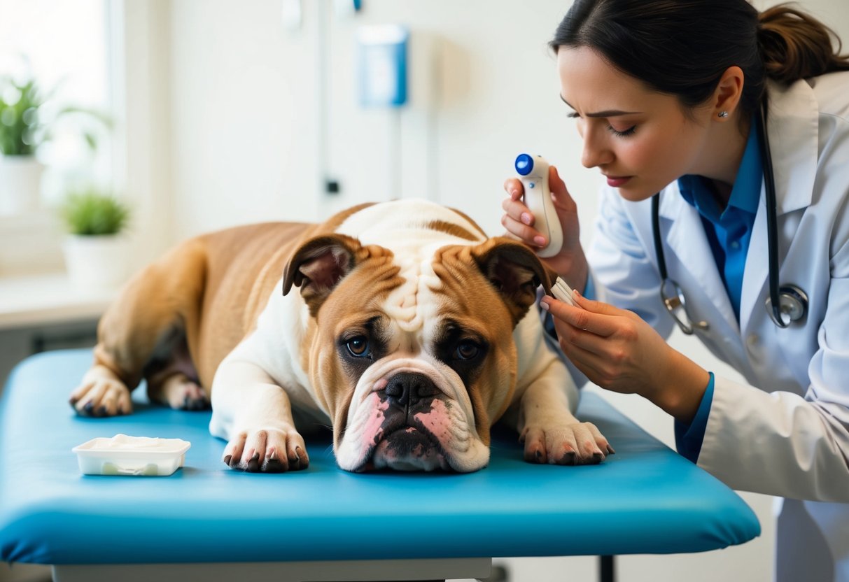 A sickly-looking bulldog lying on a vet's examination table, with a concerned veterinarian checking its temperature and administering medication