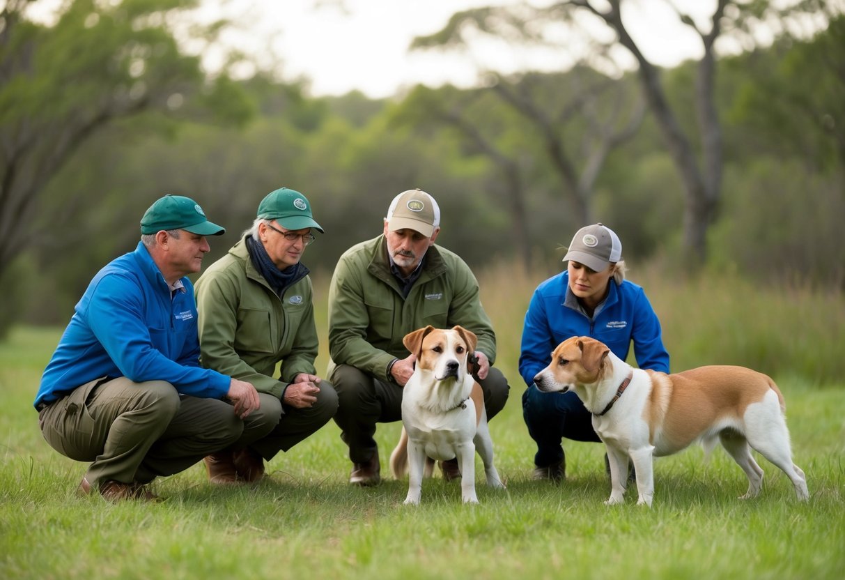 A group of conservationists carefully monitoring and breeding the rarest dog breed in a tranquil, natural setting