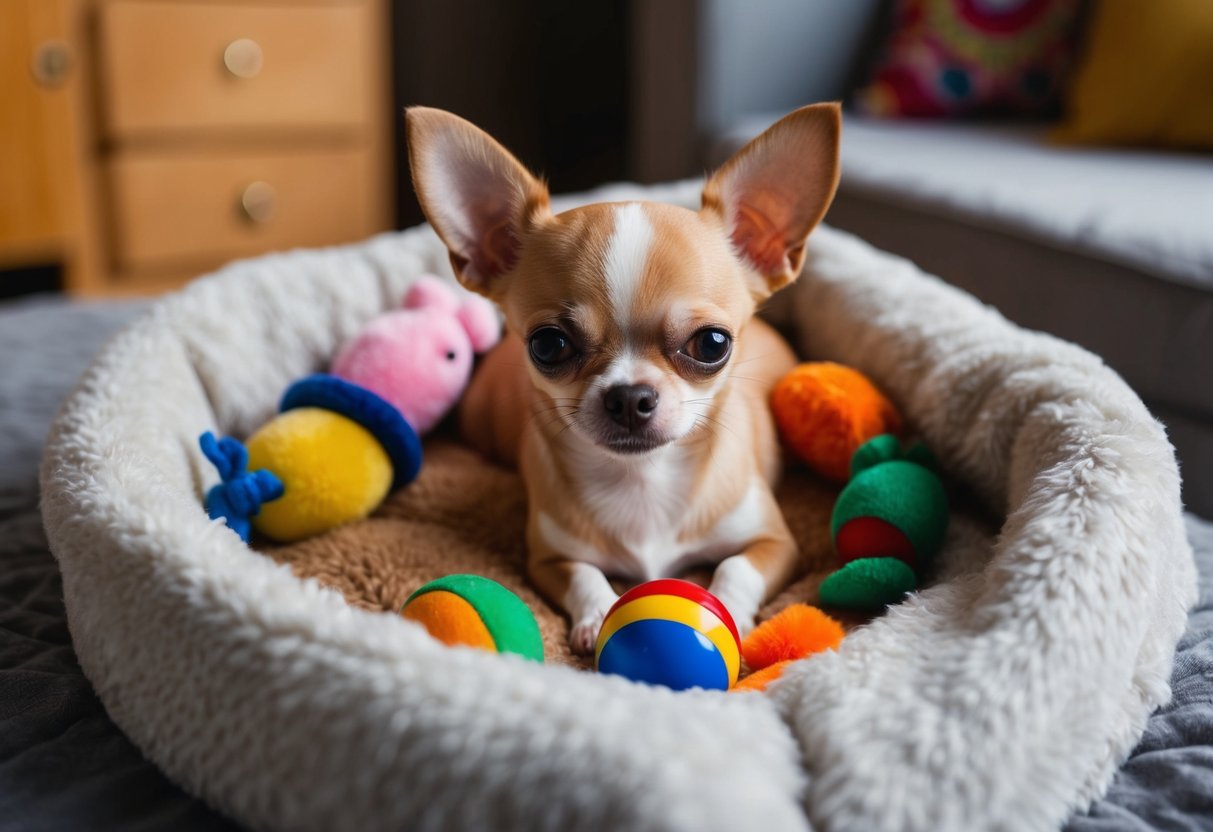 A tiny teacup Chihuahua snuggled in a cozy bed, surrounded by colorful toys and a fluffy blanket