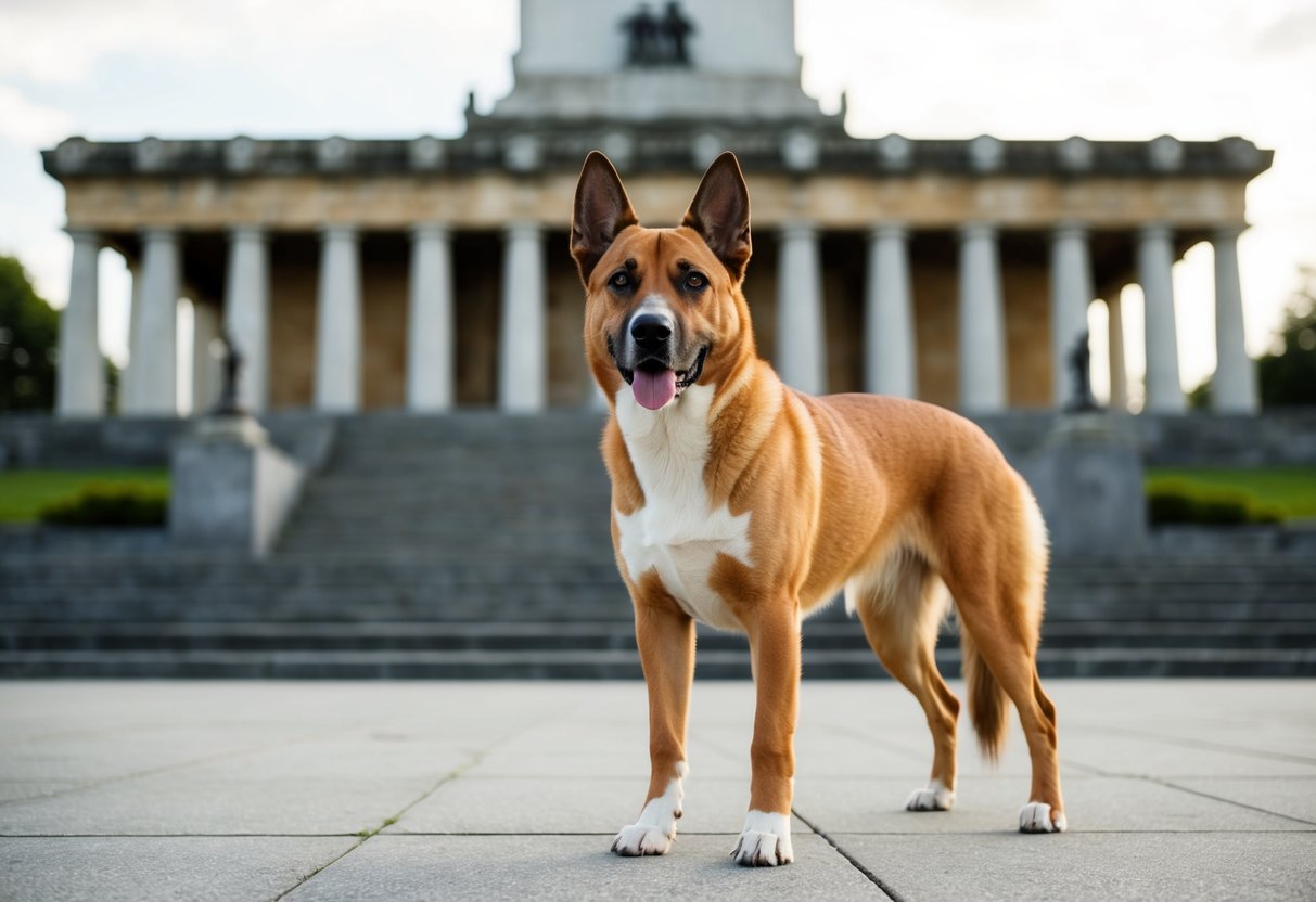 A rare dog breed stands proudly in front of a historical monument, symbolizing cultural significance and history