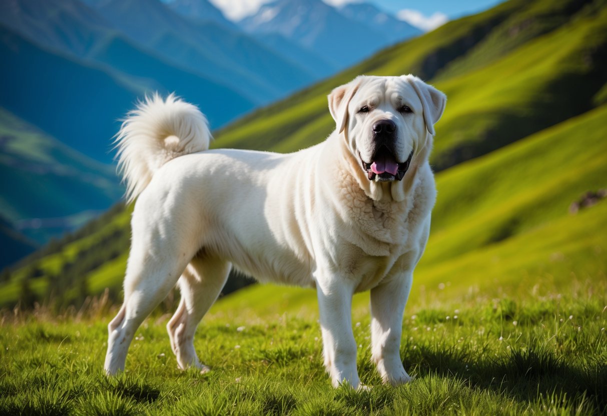 A majestic white Tibetan Mastiff stands proudly in a lush green mountain valley, its thick fur glistening in the sunlight