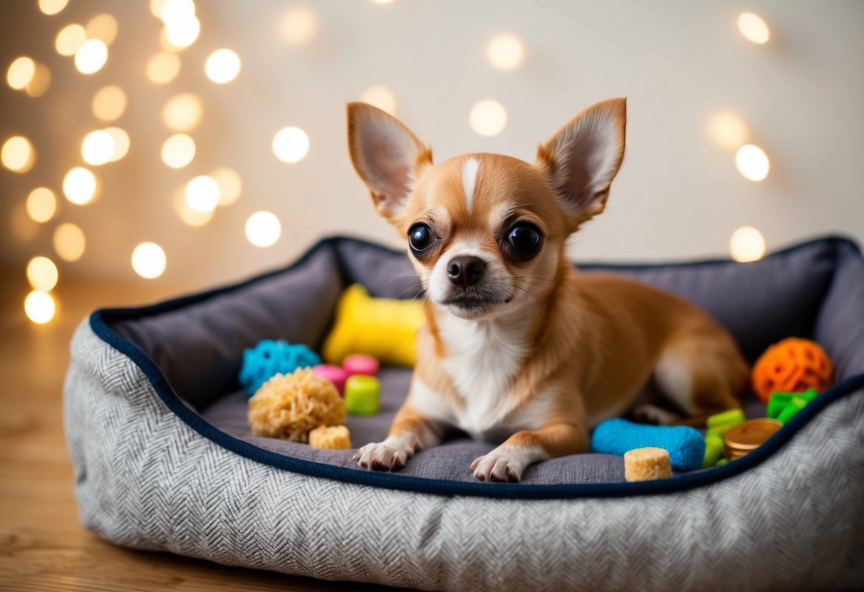 A tiny Chihuahua lounges in a cozy bed, surrounded by toys and treats. Its adorable face looks up with bright, curious eyes