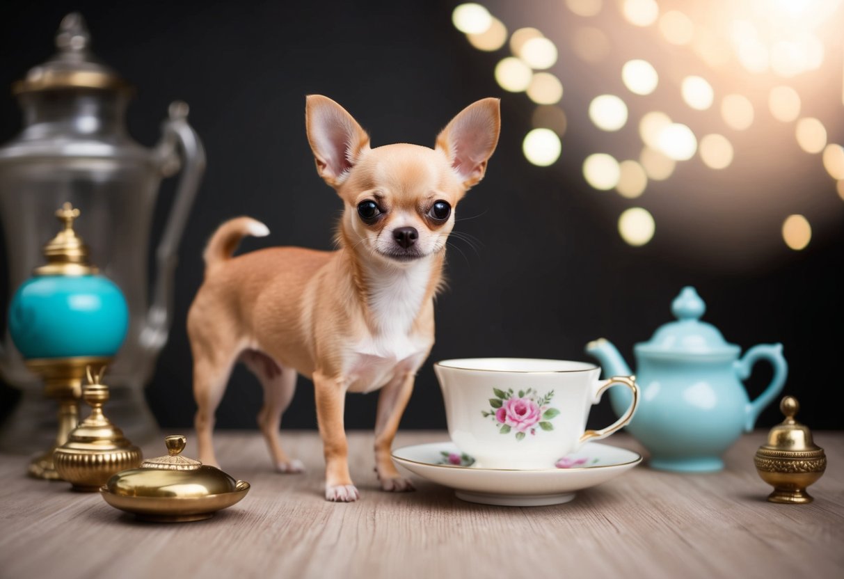 A tiny Chihuahua stands next to a teacup, surrounded by oversized objects
