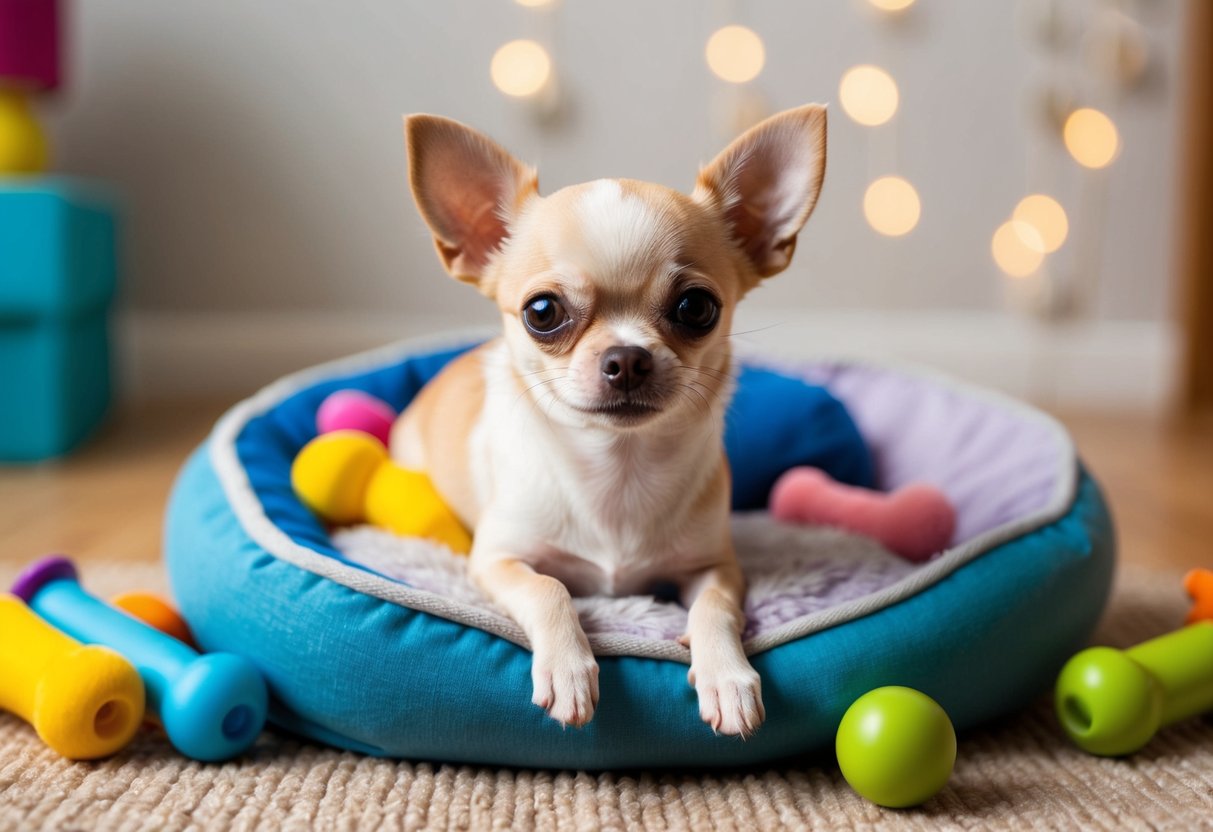 A tiny Chihuahua sits on a cushion, surrounded by colorful toys and a fluffy bed. Its round, expressive eyes and perky ears make it the epitome of cuteness