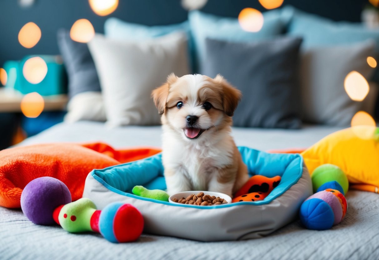 A small fluffy puppy sitting in a cozy bed, surrounded by colorful toys and a bowl of food, with a happy expression on its face