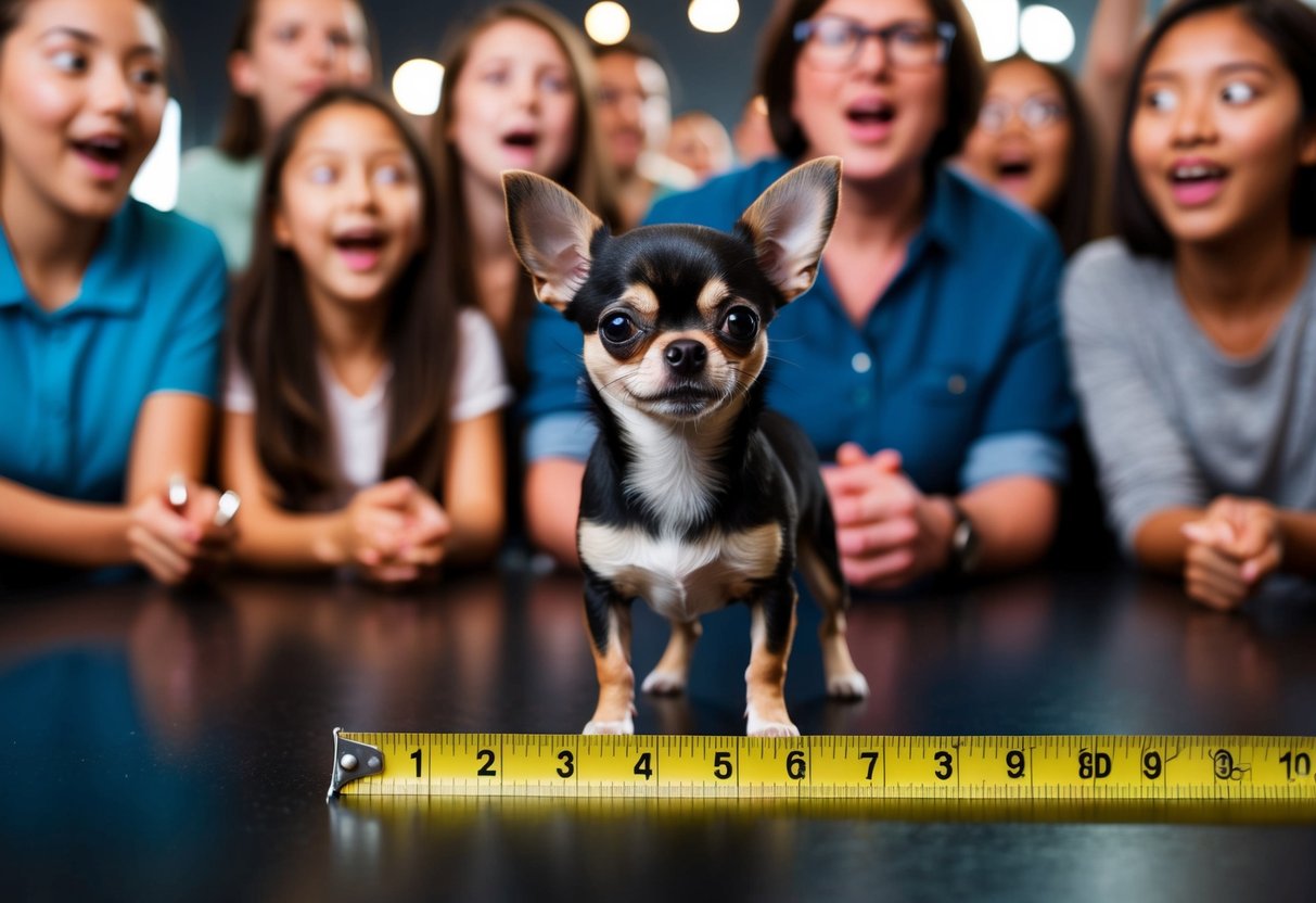 A tiny Chihuahua stands next to a measuring tape, surrounded by amazed onlookers