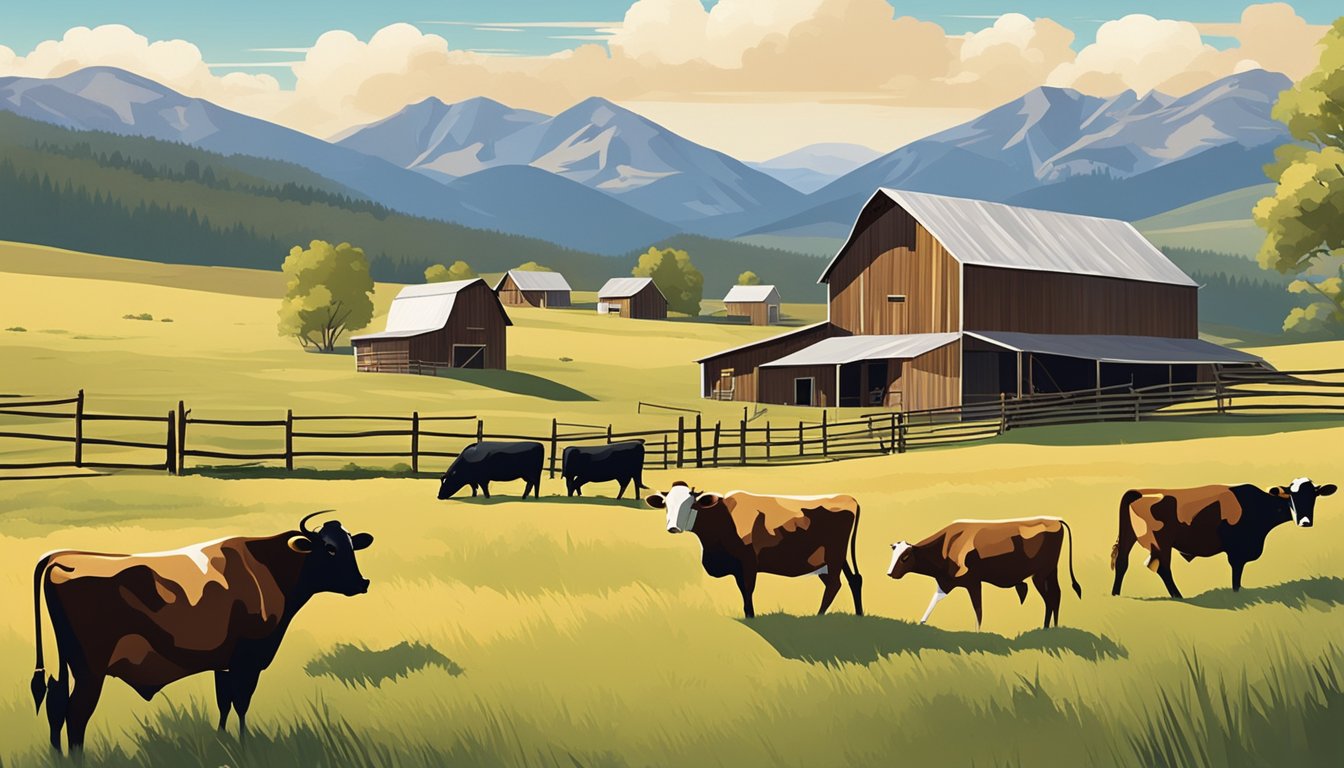 A modern ranching scene with cattle grazing on open grassland, a rustic barn, and a backdrop of rolling hills and mountains