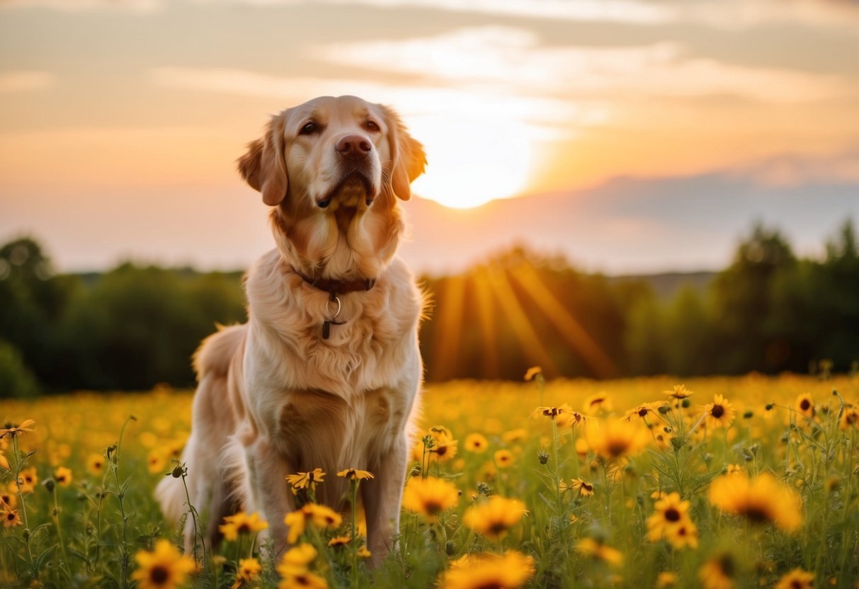A golden retriever stands in a field of wildflowers, a radiant sun setting behind him as he looks up at the sky, contemplating the perfect name for himself