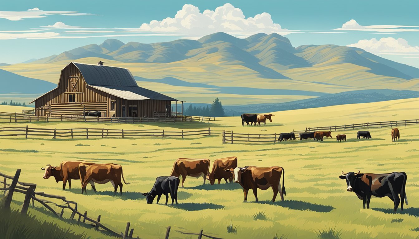 A group of cattle graze on vast open plains, surrounded by rolling hills and distant mountains. A rustic wooden ranch house and barn sit in the background, with a clear blue sky overhead