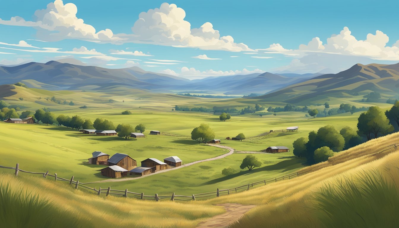 A sprawling western landscape with a rustic ranch nestled in the foothills, surrounded by grazing cattle and rolling hills, under a bright blue sky