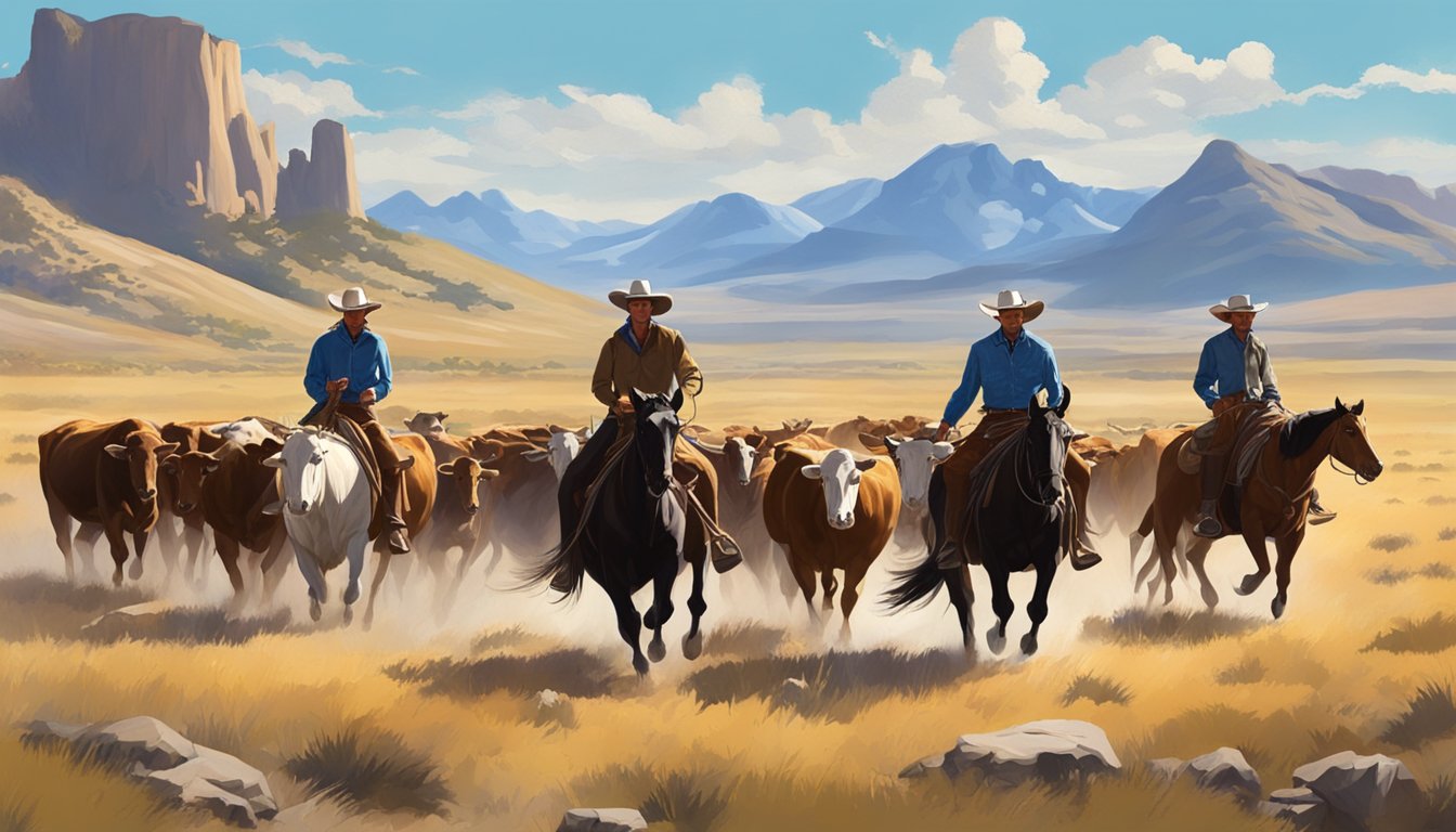 A group of cowboys herding cattle across a vast, open prairie with a backdrop of rugged mountains and a bright blue sky