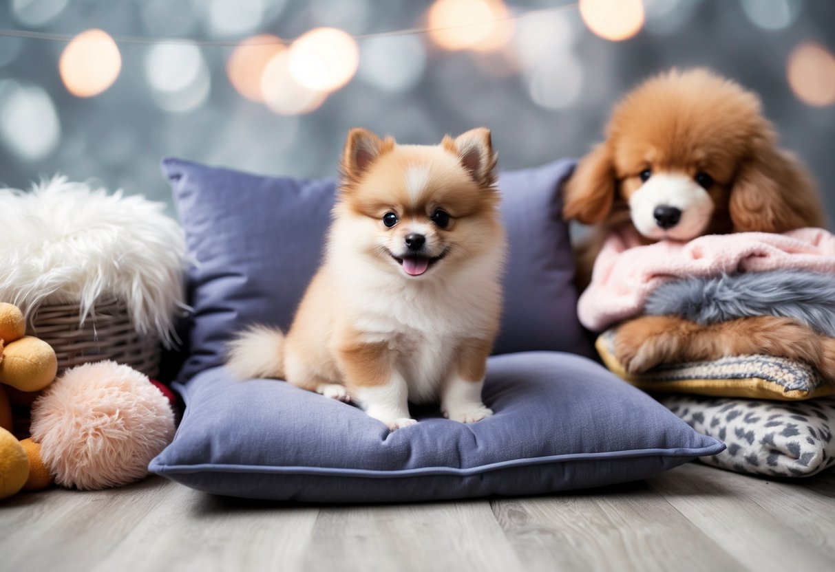 A tiny Pomeranian puppy sitting on a plush cushion, surrounded by a pile of fluffy toys and blankets