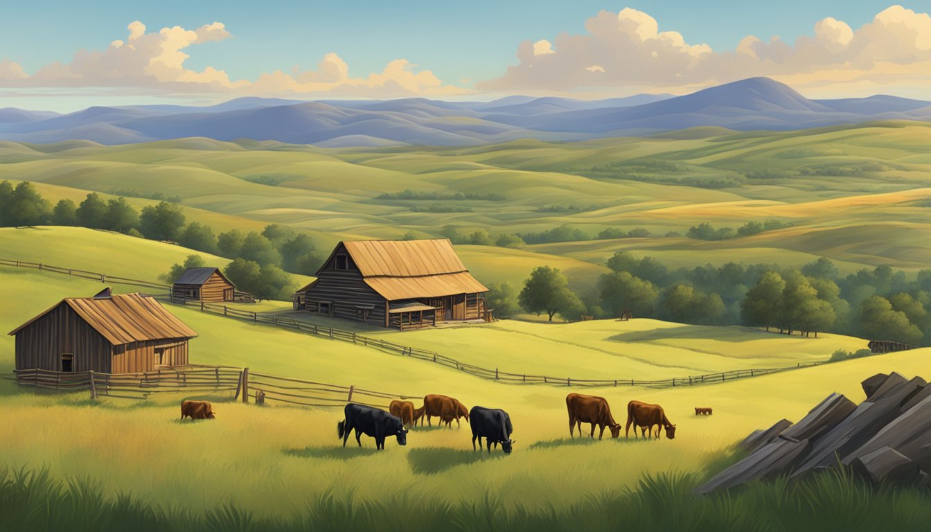 A vast, rugged landscape with rolling hills, grazing cattle, and a traditional ranching homestead nestled in the distance