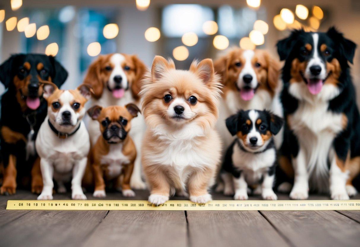 A small fluffy dog standing next to a ruler, surrounded by various dog breeds of different sizes